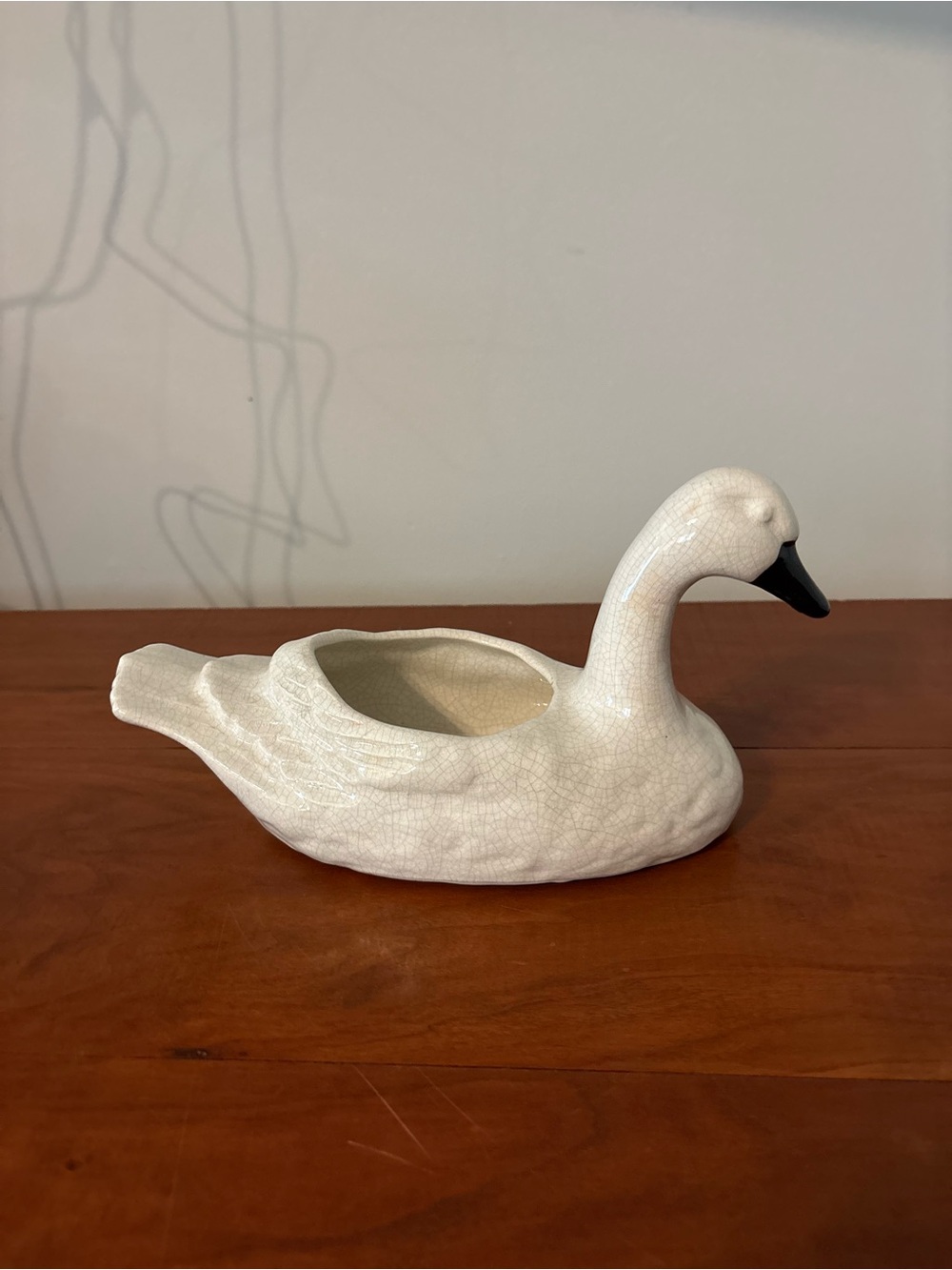White Ceramic Swan Planter Crackle Glaze Cottagecore Decor